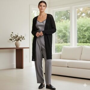 Eileen Fisher Textured Semi-Sheer Hemp-Blend Long Cardigan Black M Quiet Luxury